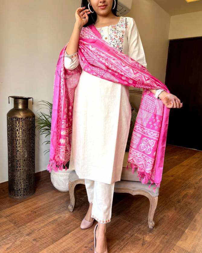 Vt Designer Embroidery Khadi Cotton Kurti With Bottom Dupatta Wholesale Shop In Surat

